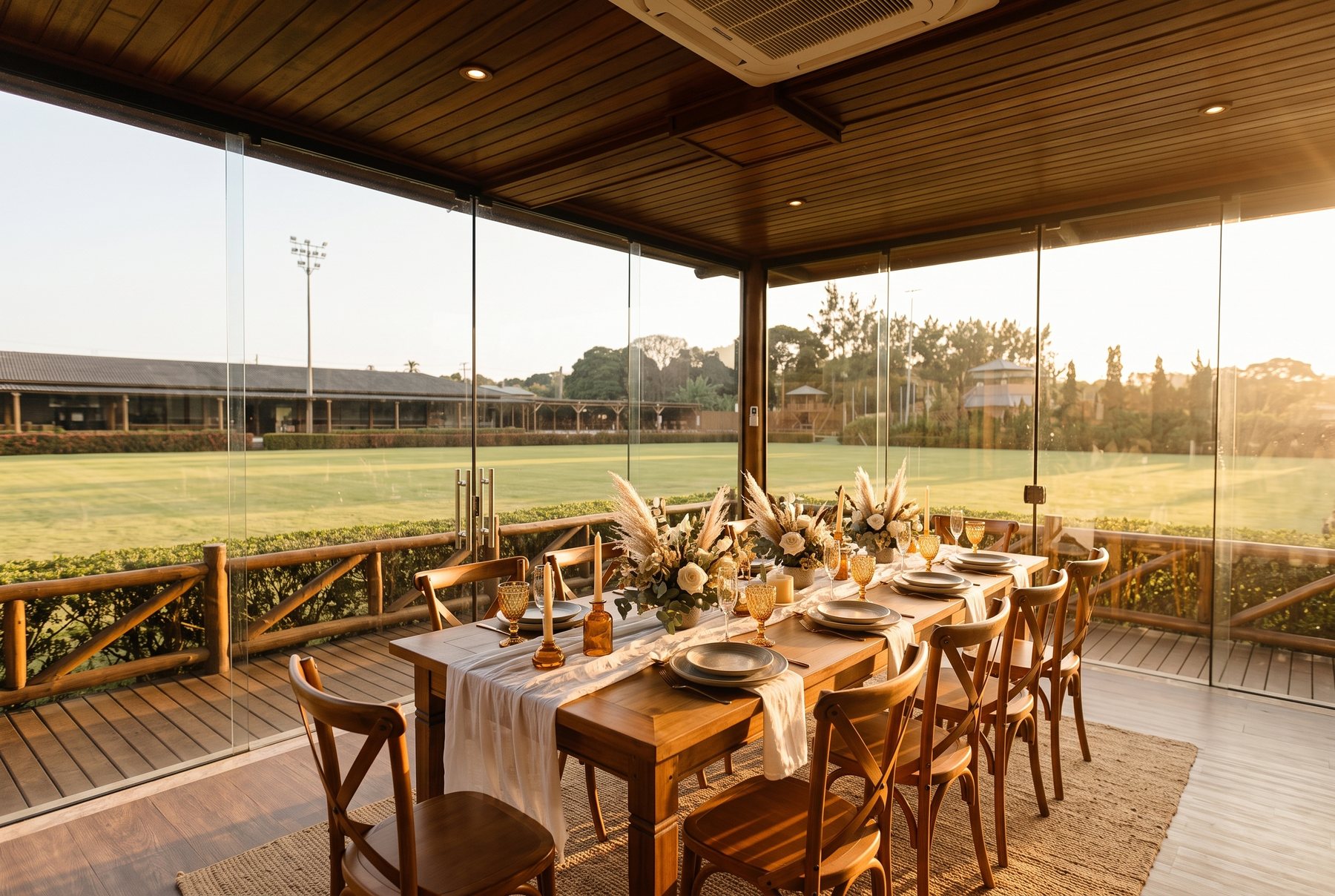 Lounge de vidro do Sítio Chuin com mesa posta para uma recepção, com vista para a pista