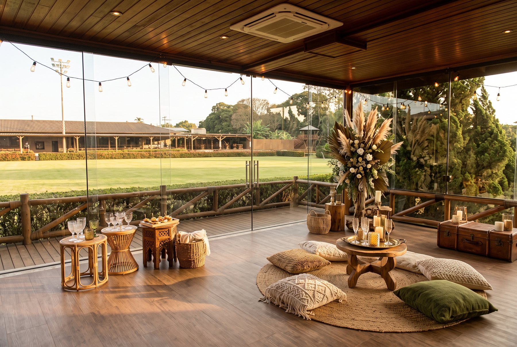 Lounge de vidro do Sítio Chuin decorado para festa, com vista para a pista ao entardecer